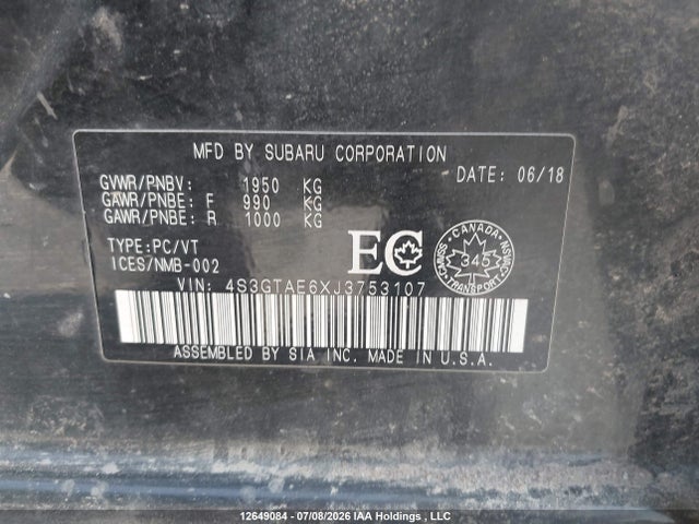 12649084 :رقم المزاد ، 4S3GTAE6XJ3753107 vin ، 2018 Subaru Impreza مزاد بيع