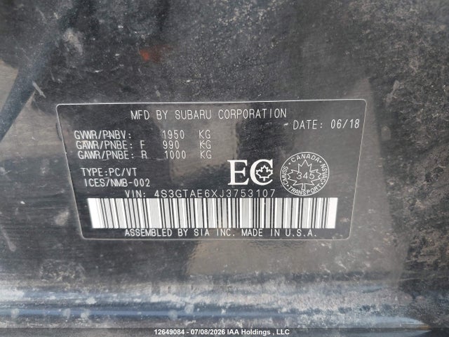 12649084 :رقم المزاد ، 4S3GTAE6XJ3753107 vin ، 2018 Subaru Impreza مزاد بيع