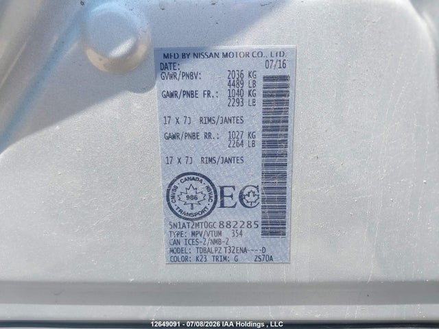 Nissan ROGUE S/SV 2016 5N1AT2MT0GC882285 Image 9