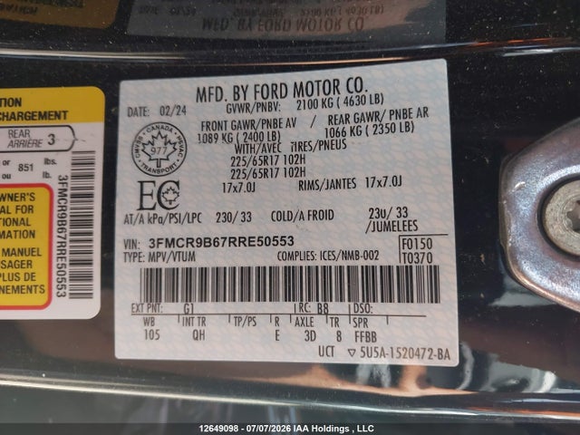 Aukcja sprzedaży 2024 Ford Bronco Sport Big Bend, vin: 3FMCR9B67RRE50553, numer aukcji: 12649098
