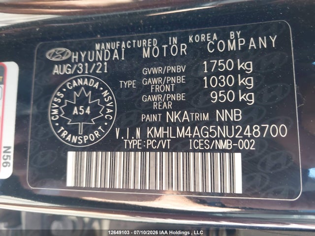 KMHLM4AG5NU248700 Hyundai Elantra Preferred Ivt With Sun And Tech Package