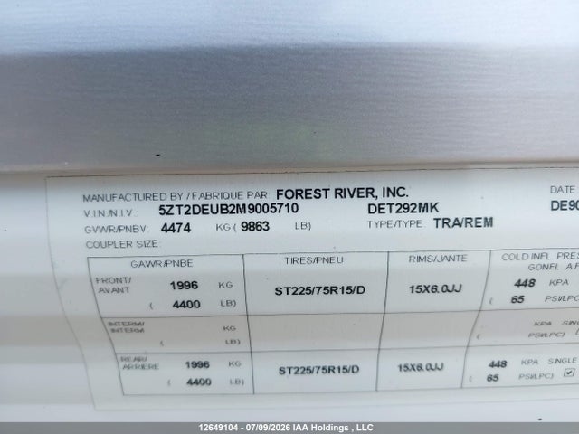 Продаж на аукціоні авто 2021 Forest River Alt2210mbh, vin: 5ZT2DEUB2M9005710, номер лоту: 12649104