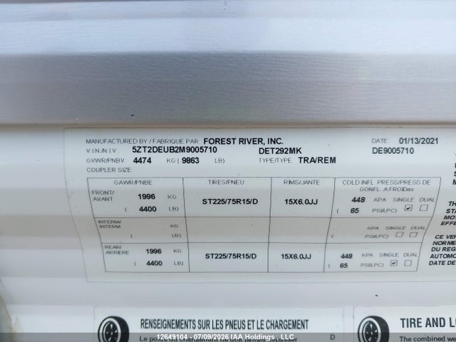 Продаж на аукціоні авто 2021 Forest River Alt2210mbh, vin: 5ZT2DEUB2M9005710, номер лоту: 12649104
