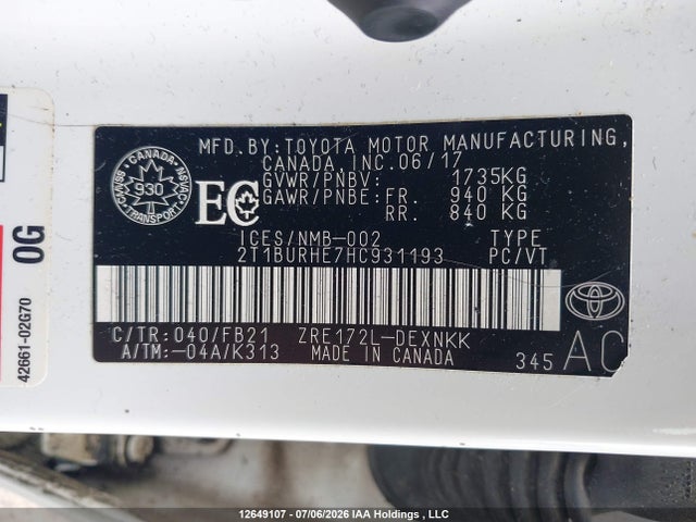 2017 Toyota Corolla L/le/xle/se/xse მანქანა იყიდება აუქციონზე, vin: 2T1BURHE7HC931193, აუქციონის ნომერი: 12649107
