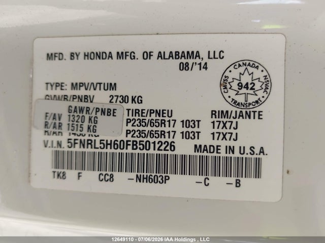 Honda Odyssey 2015 5FNRL5H60FB501226 Image 18