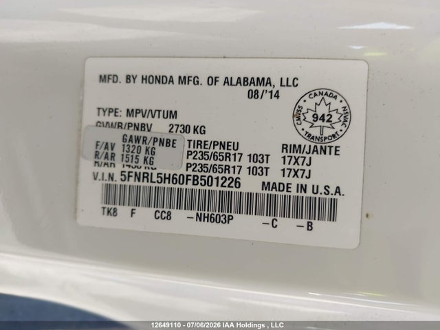 Honda Odyssey 2015 5FNRL5H60FB501226 Image 9