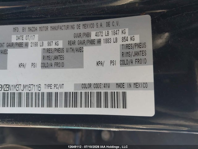 12649112 :رقم المزاد ، 3MZBN1M37JM167116 vin ، 2018 Mazda Mazda3 Gt مزاد بيع