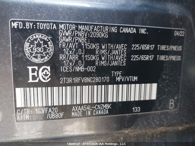 Продаж на аукціоні авто 2022 Toyota Rav4 Xle/xle Premium, vin: 2T3R1RFV8NC280170, номер лоту: 12649127