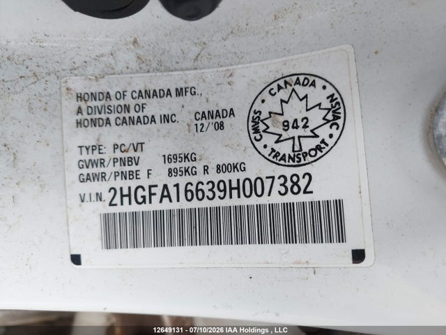 2009 Honda Civic Sport მანქანა იყიდება აუქციონზე, vin: 2HGFA16639H007382, აუქციონის ნომერი: 12649131