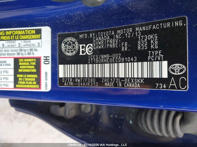 2014 Toyota Corolla S მანქანა იყიდება აუქციონზე, vin: 2T1BURHE0EC091043, აუქციონის ნომერი: 12649132