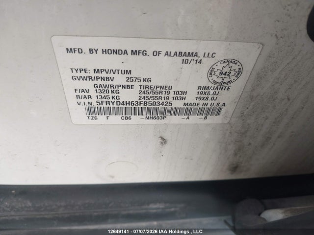 5FRYD4H63FB503425 Acura Mdx Technology Package