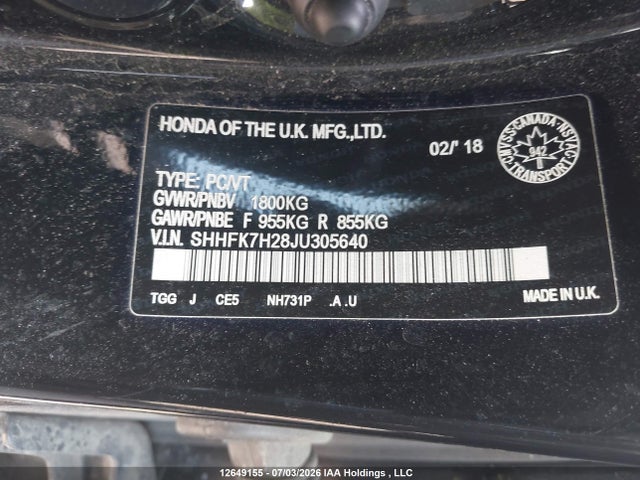 2018 Honda Civic Lx მანქანა იყიდება აუქციონზე, vin: SHHFK7H28JU305640, აუქციონის ნომერი: 12649155