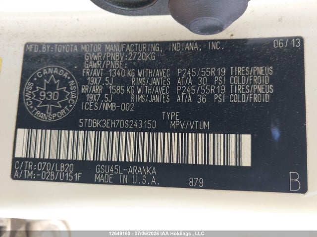 Aukcja sprzedaży 2013 Toyota Highlander V6, vin: 5TDBK3EH7DS243150, numer aukcji: 12649160