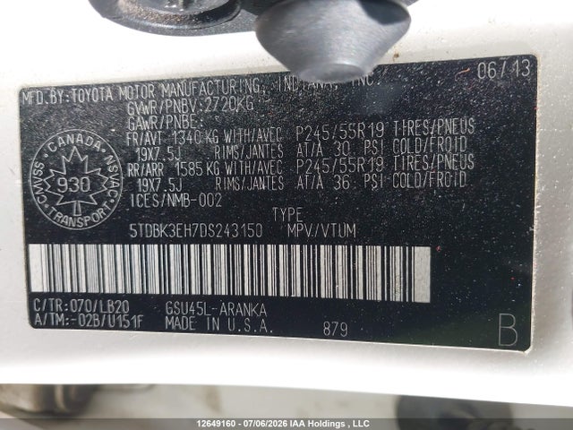 Aukcja sprzedaży 2013 Toyota Highlander V6, vin: 5TDBK3EH7DS243150, numer aukcji: 12649160