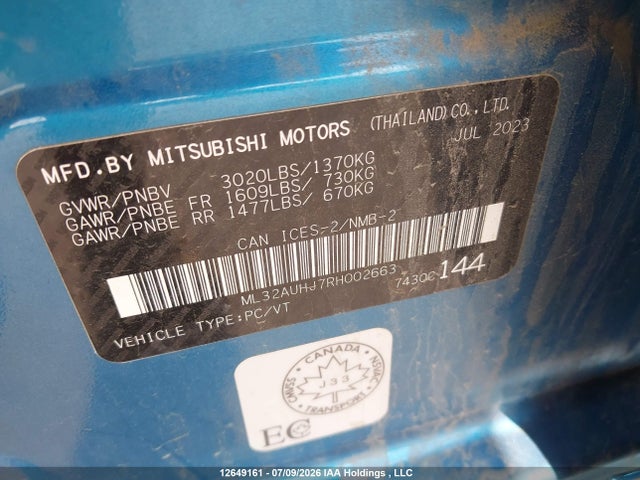 Aukcja sprzedaży 2024 Mitsubishi Mirage Es, vin: ML32AUHJ7RH002663, numer aukcji: 12649161