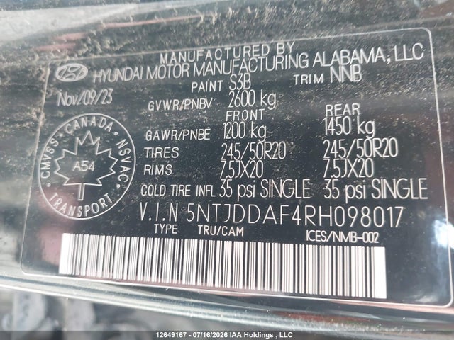 12649167 :رقم المزاد ، 5NTJDDAF4RH098017 vin ، 2024 Hyundai Santa Cruz Trend Awd مزاد بيع