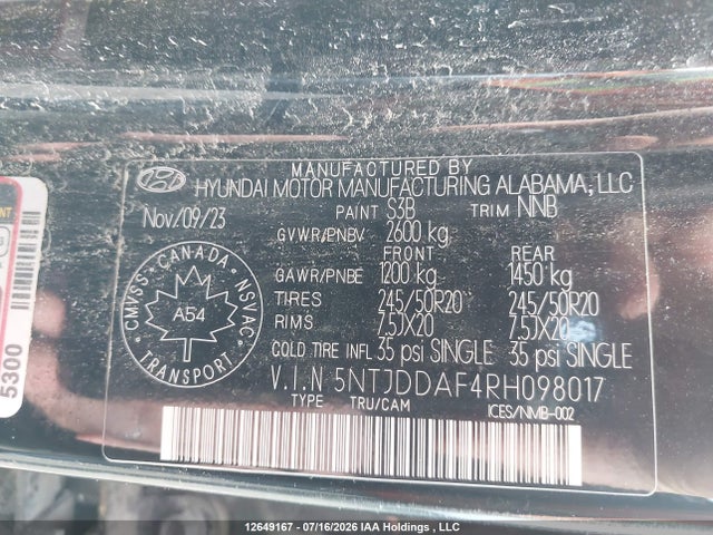 12649167 :رقم المزاد ، 5NTJDDAF4RH098017 vin ، 2024 Hyundai Santa Cruz Trend Awd مزاد بيع