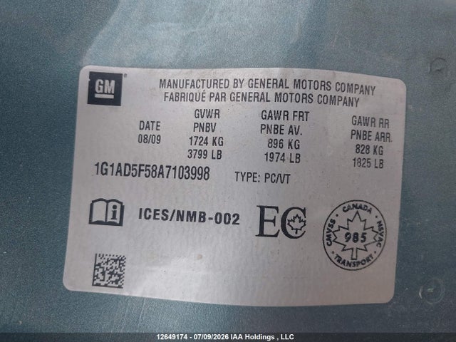 Продаж на аукціоні авто 2010 Chevrolet Cobalt Lt W/1sa, vin: 1G1AD5F58A7103998, номер лоту: 12649174