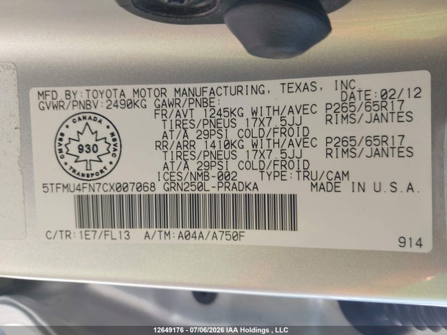 2012 Toyota Tacoma V6 მანქანა იყიდება აუქციონზე, vin: 5TFMU4FN7CX007068, აუქციონის ნომერი: 12649176