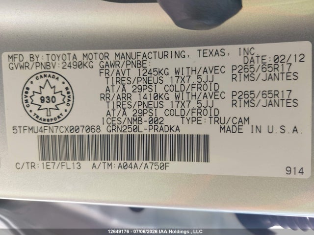2012 Toyota Tacoma V6 მანქანა იყიდება აუქციონზე, vin: 5TFMU4FN7CX007068, აუქციონის ნომერი: 12649176