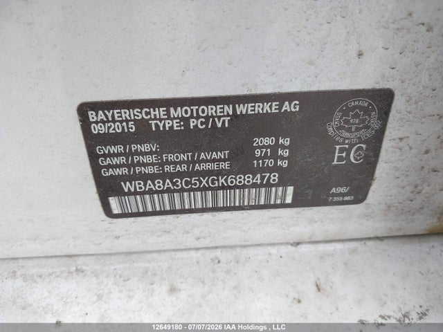2016 Bmw 320 Xi მანქანა იყიდება აუქციონზე, vin: WBA8A3C5XGK688478, აუქციონის ნომერი: 12649180