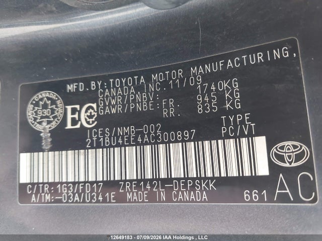 Aukcja sprzedaży 2010 Toyota Corolla S, vin: 2T1BU4EE4AC300897, numer aukcji: 12649183