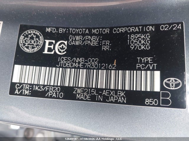 Aukcja sprzedaży 2024 Toyota Corolla Le/se/night Shade, vin: JTDBDMHE7R3012162, numer aukcji: 12649197