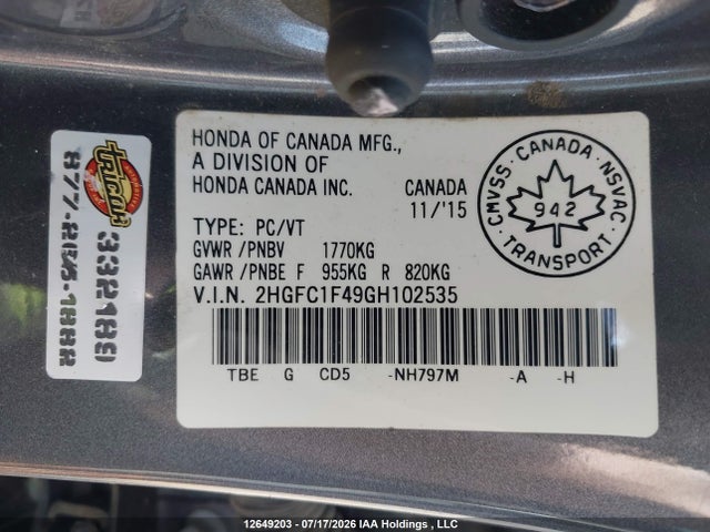 Honda CIVIC EX 2016 2HGFC1F49GH102535 Image 9
