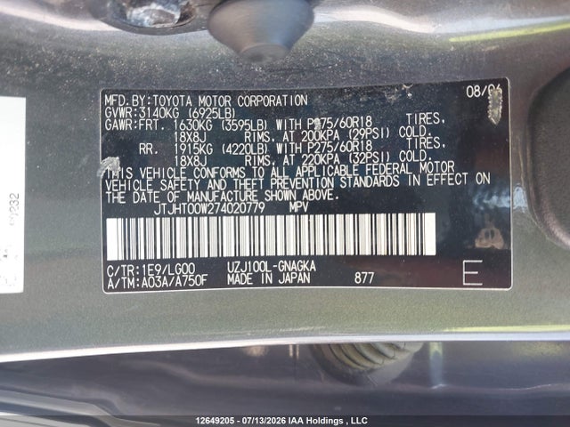 Aukcja sprzedaży 2007 Lexus Lx 470, vin: JTJHT00W274020779, numer aukcji: 12649205