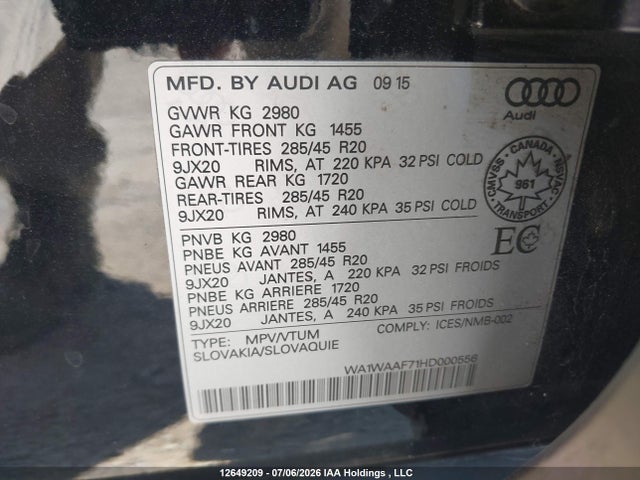 12649209 :رقم المزاد ، WA1WAAF71HD000556 vin ، 2017 Audi Q7 3.0t Technik مزاد بيع