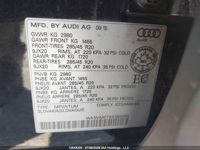 12649209 :رقم المزاد ، WA1WAAF71HD000556 vin ، 2017 Audi Q7 3.0t Technik مزاد بيع