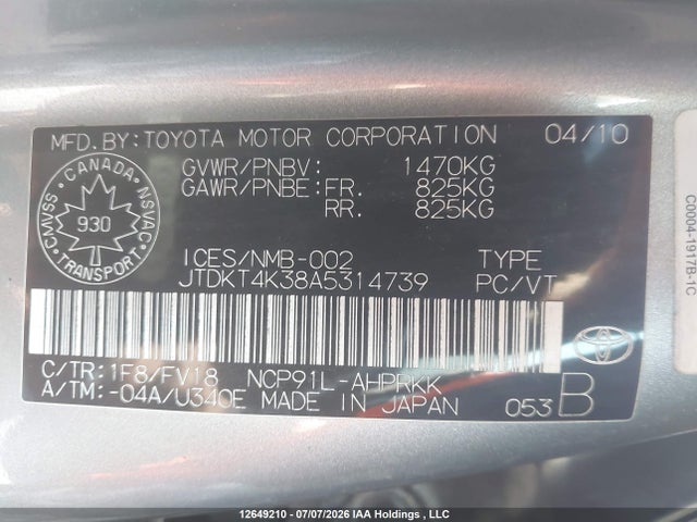 12649210 :رقم المزاد ، JTDKT4K38A5314739 vin ، 2010 Toyota Yaris Rs مزاد بيع