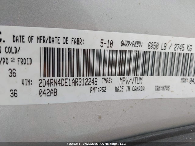 Продажа на аукционе авто 2010 Dodge Caravan, vin: 2D4RN4DE1AR312246, номер лота: 12649211