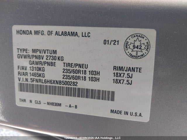 2022 Honda Odyssey Ex-l მანქანა იყიდება აუქციონზე, vin: 5FNRL6H6XNB500282, აუქციონის ნომერი: 12649213