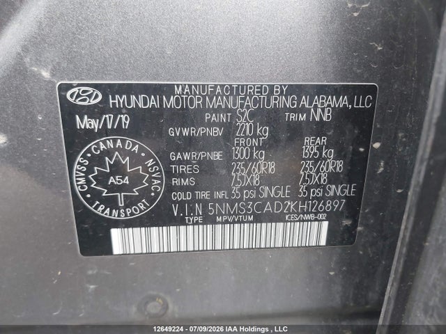 Aukcja sprzedaży 2019 Hyundai Santa Fe Sel/sel Plus, vin: 5NMS3CAD2KH126897, numer aukcji: 12649224