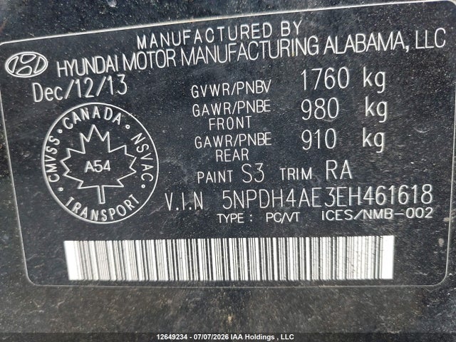 12649234 :رقم المزاد ، 5NPDH4AE3EH461618 vin ، 2014 Hyundai Elantra Se/sport/limited مزاد بيع