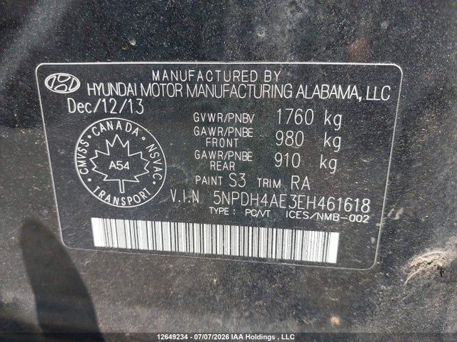 12649234 :رقم المزاد ، 5NPDH4AE3EH461618 vin ، 2014 Hyundai Elantra Se/sport/limited مزاد بيع