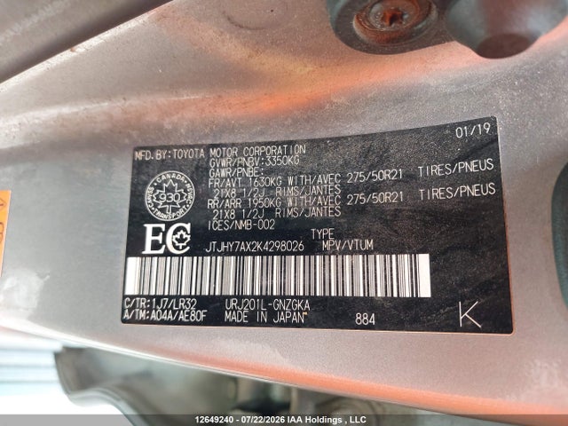 Aukcja sprzedaży 2019 Lexus Lx 570 570, vin: JTJHY7AX2K4298026, numer aukcji: 12649240