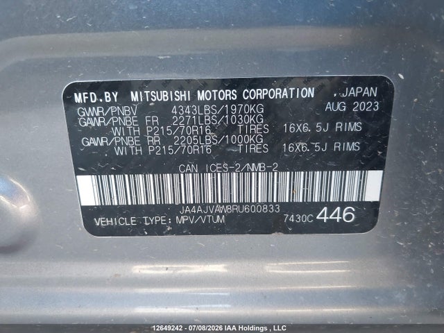 Aukcja sprzedaży 2024 Mitsubishi Rvr Se/sel/noir/gt, vin: JA4AJVAW8RU600833, numer aukcji: 12649242