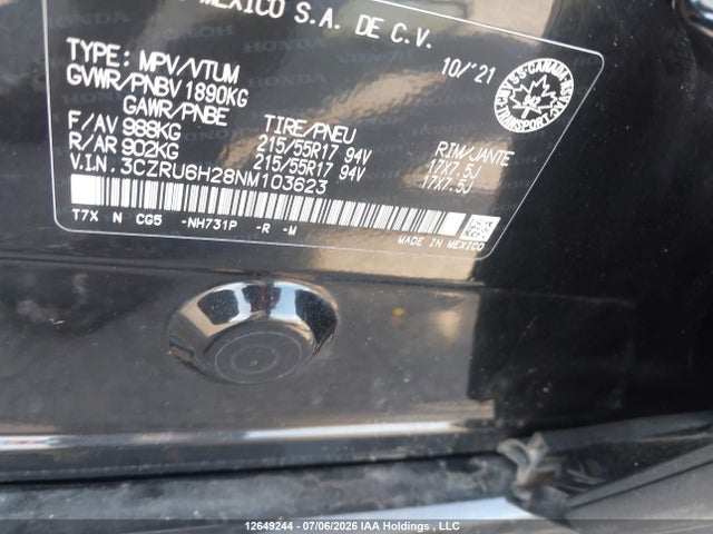 12649244 :رقم المزاد ، 3CZRU6H28NM103623 vin ، 2022 Honda Hr-v Sport مزاد بيع