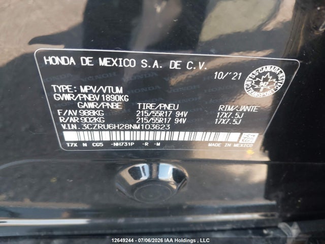 12649244 :رقم المزاد ، 3CZRU6H28NM103623 vin ، 2022 Honda Hr-v Sport مزاد بيع