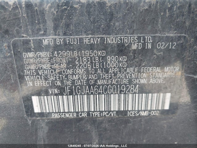 Продаж на аукціоні авто 2012 Subaru Impreza, vin: JF1GJAA64CG019284, номер лоту: 12649245