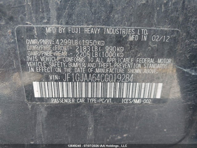 Продаж на аукціоні авто 2012 Subaru Impreza, vin: JF1GJAA64CG019284, номер лоту: 12649245