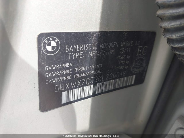 Продаж на аукціоні авто 2012 Bmw X3 Xdrive35i, vin: 5UXWX7C53CL736048, номер лоту: 12649250