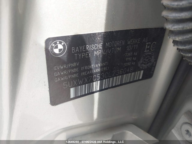Продаж на аукціоні авто 2012 Bmw X3 Xdrive35i, vin: 5UXWX7C53CL736048, номер лоту: 12649250