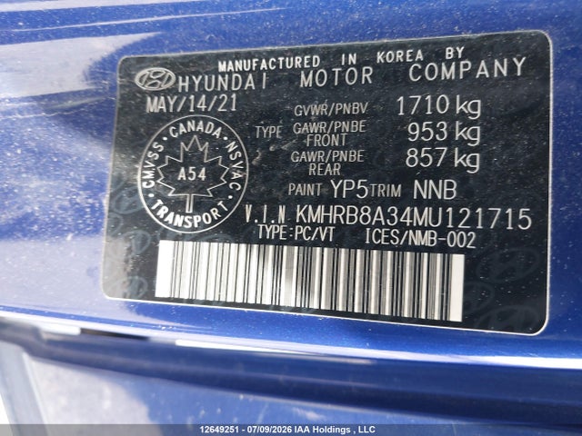 2021 Hyundai Venue Essential Auto Ivt მანქანა იყიდება აუქციონზე, vin: KMHRB8A34MU121715, აუქციონის ნომერი: 12649251