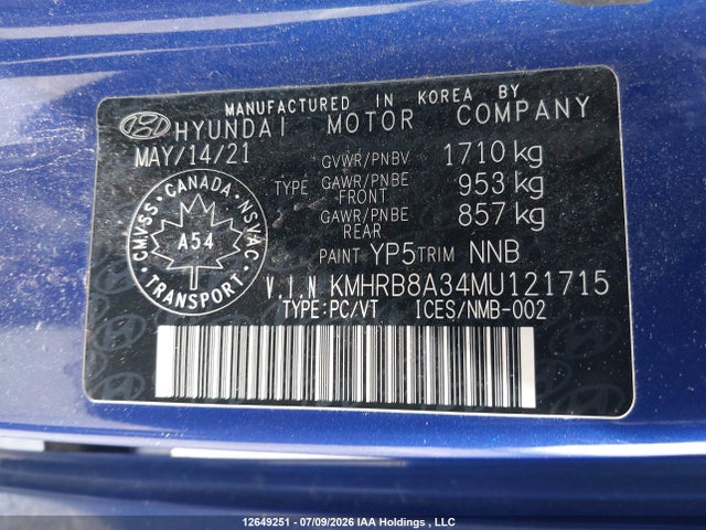 2021 Hyundai Venue Essential Auto Ivt მანქანა იყიდება აუქციონზე, vin: KMHRB8A34MU121715, აუქციონის ნომერი: 12649251