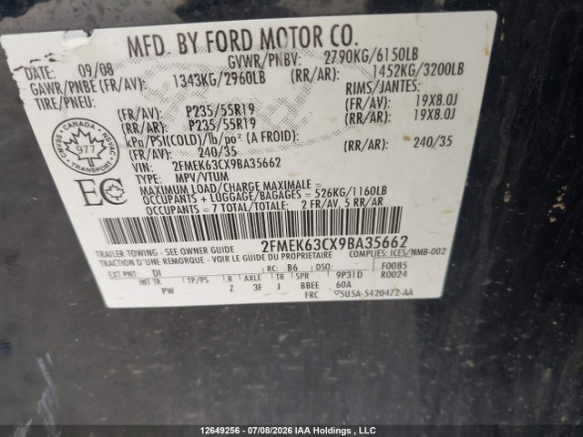 12649256 :رقم المزاد ، 2FMEK63CX9BA35662 vin ، 2009 Ford Flex Limited مزاد بيع