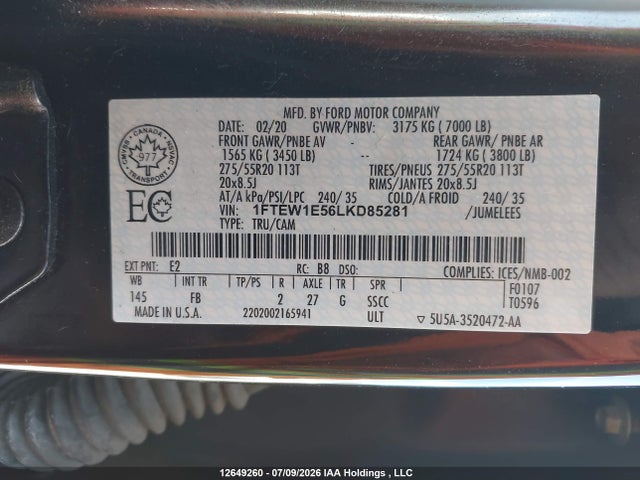 Aukcja sprzedaży 2020 Ford F-150 King Ranch/lariat/platinum/xl/xlt, vin: 1FTEW1E56LKD85281, numer aukcji: 12649260
