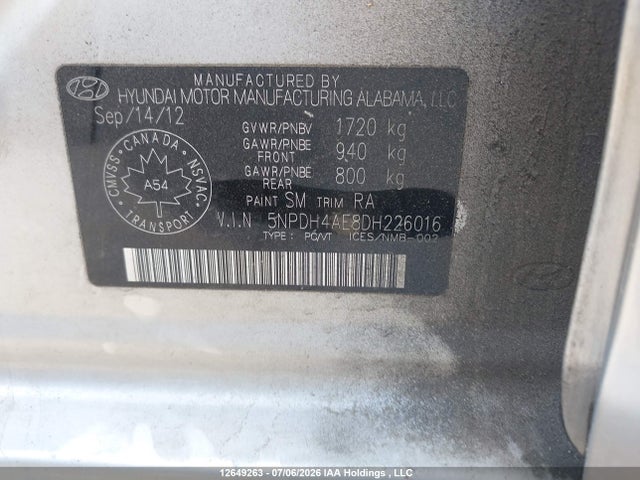 2013 Hyundai Elantra Gls/limited მანქანა იყიდება აუქციონზე, vin: 5NPDH4AE8DH226016, აუქციონის ნომერი: 12649263